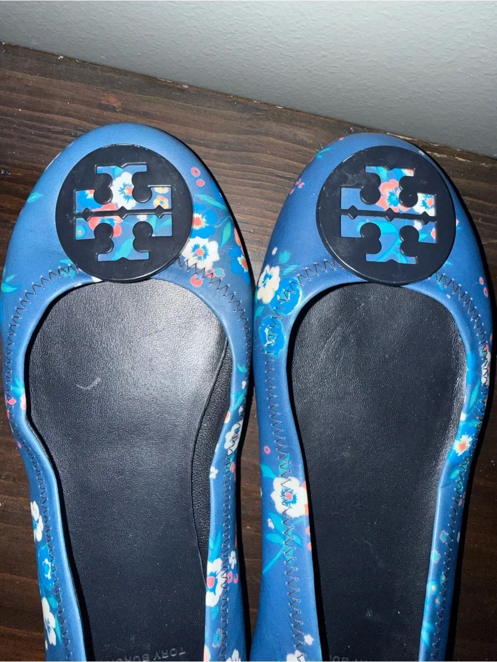Tory Burch Blue Floral Logo Ballet Flats
